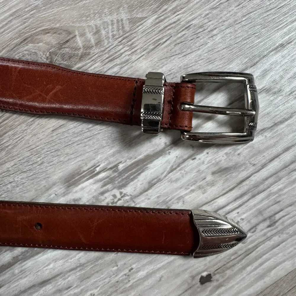 Vintage Brown Genuine Leather Western Concho Belt Silver Buckle Rodeo Boho 42